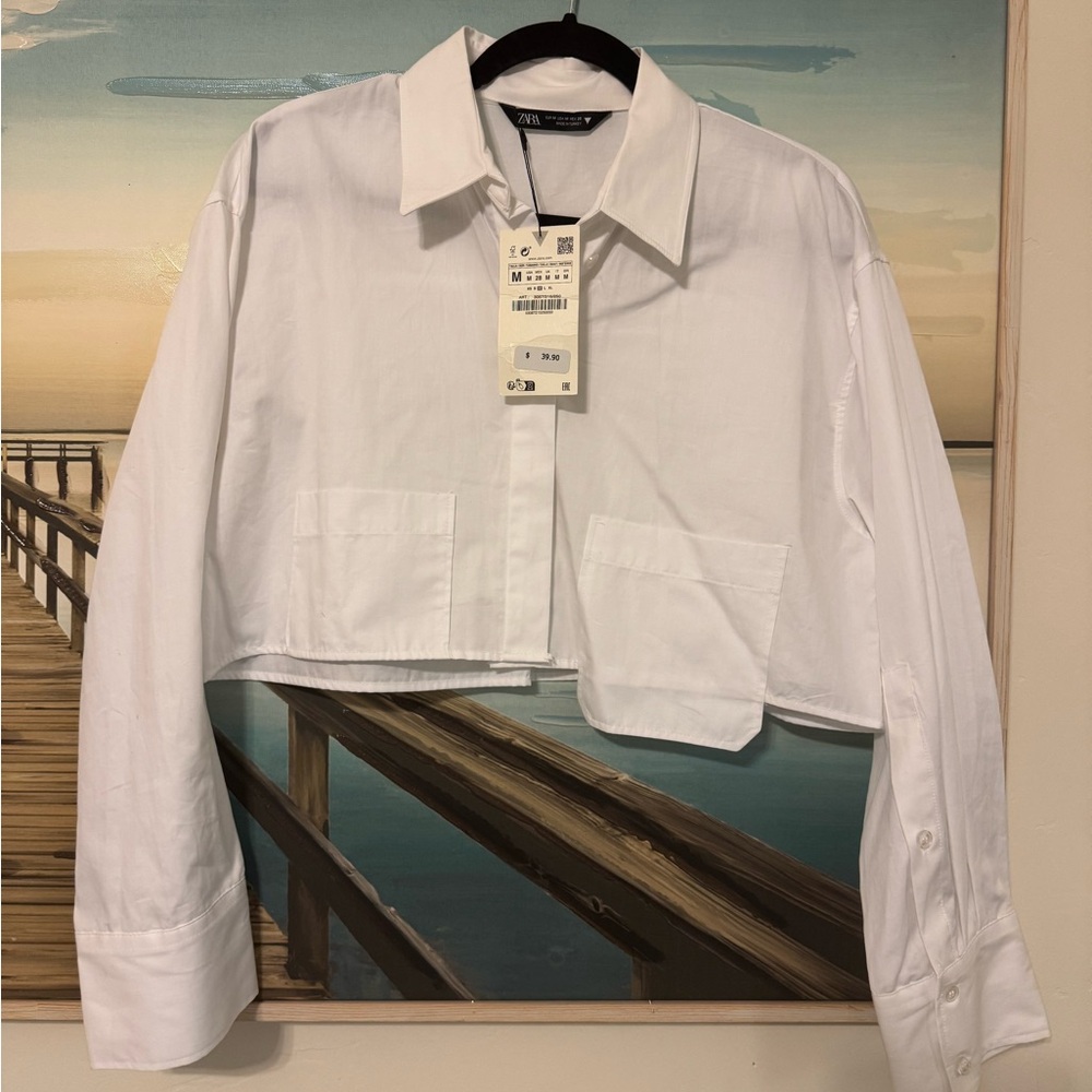 Zara White Cropped Blazer with Large Collar